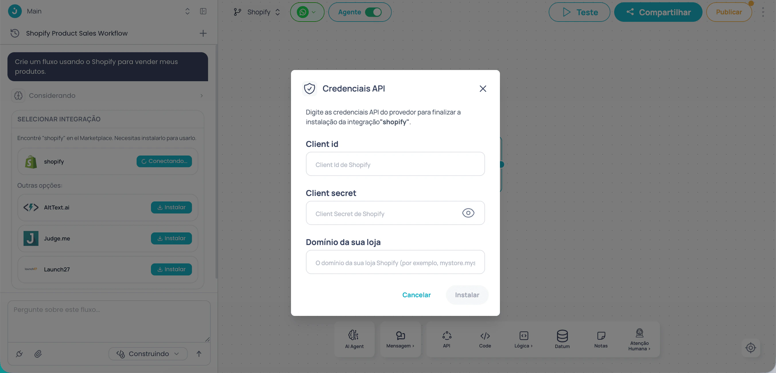 Integrar Shopify pelo Jelou Agent no Brain Studio