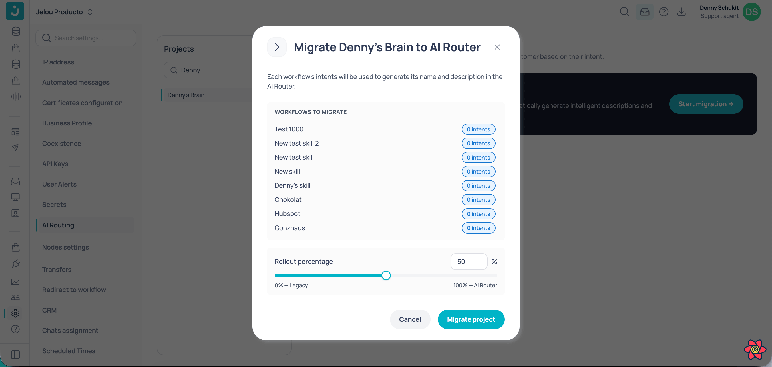 Project migration window with inferred descriptions and rollout percentage control