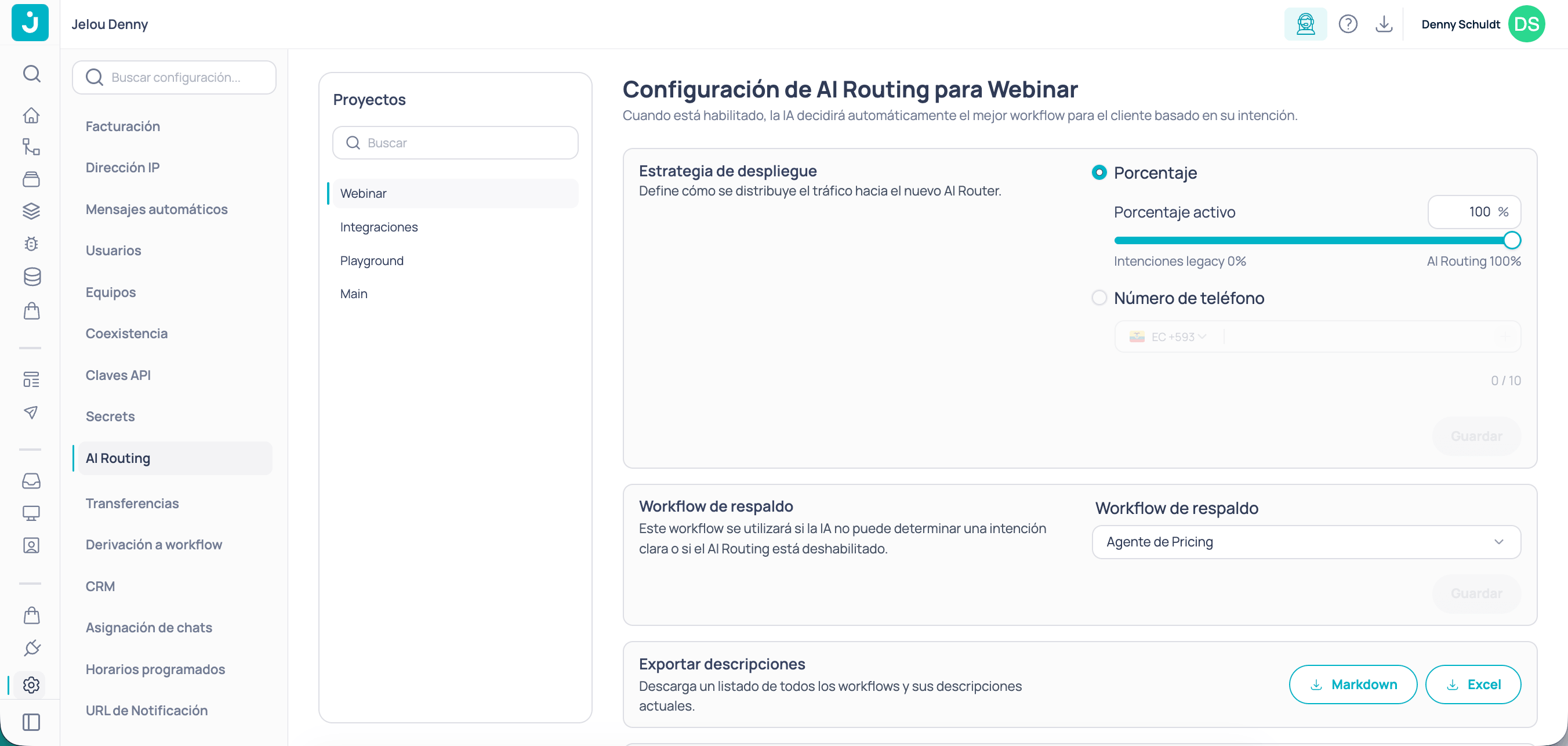 Página de AI Routing en Ajustes con selector de proyecto, estrategia de despliegue y workflows configurados