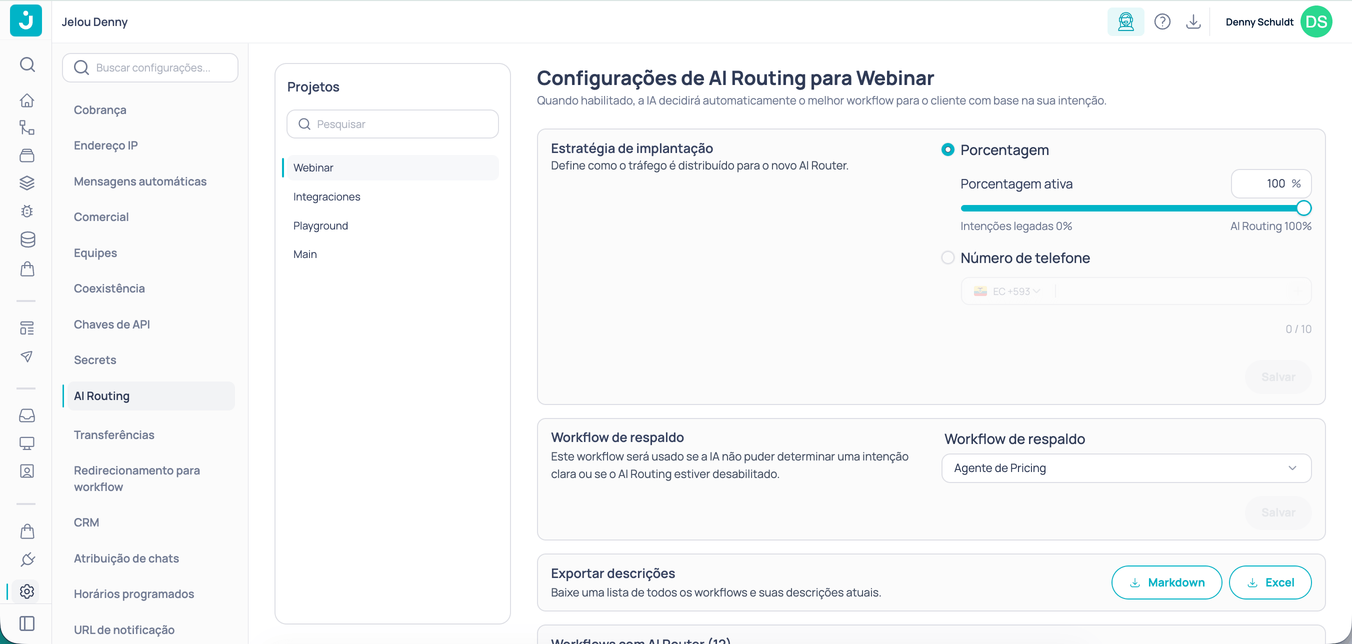 Página de AI Routing em Ajustes com seletor de projeto, estratégia de implantação e workflows configurados