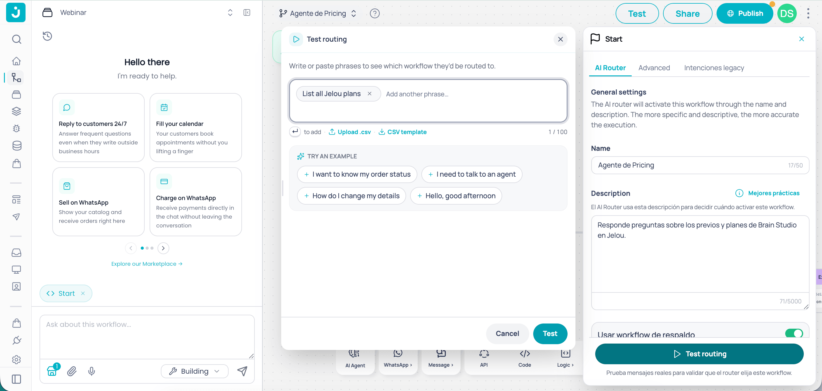 Start node configuration panel with AI Router tab and test routing modal