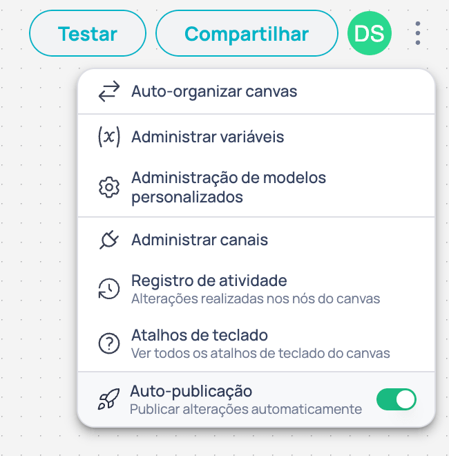 Opção de auto-publicação ativa no menu contextual do Brain