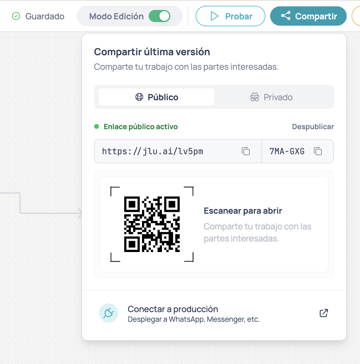 Panel de compartir con URL, código de proyecto y QR
