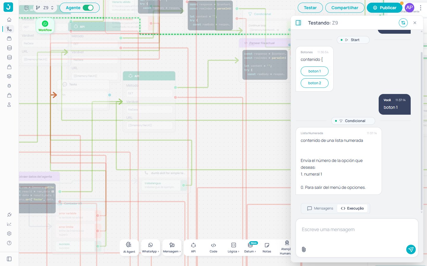 Painel do Tester com a conversa à esquerda e o canvas atrás