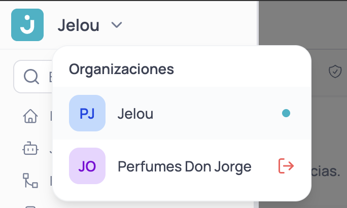 Menú de Organizaciones desplegado en la barra superior, con la organización activa marcada y el ícono de salir junto a la organización a la que el usuario fue invitado