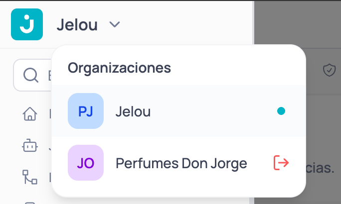 Menú de Organizaciones desplegado en la barra superior, con la organización activa marcada y el ícono de salir junto a la organización a la que el usuario fue invitado
