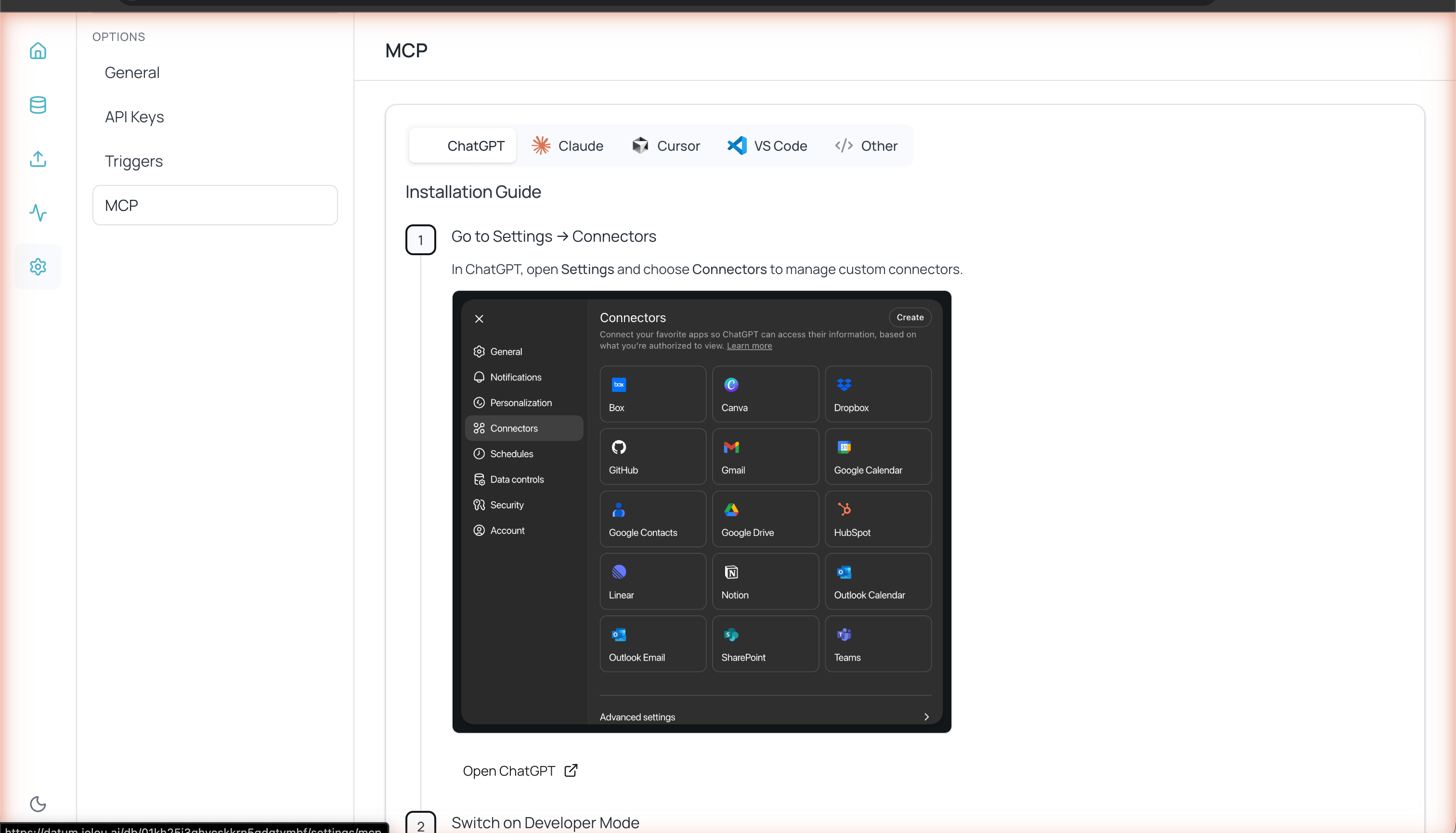 MCP configuration page with ChatGPT, Claude, Cursor, VS Code, and Other tabs showing step-by-step installation guide