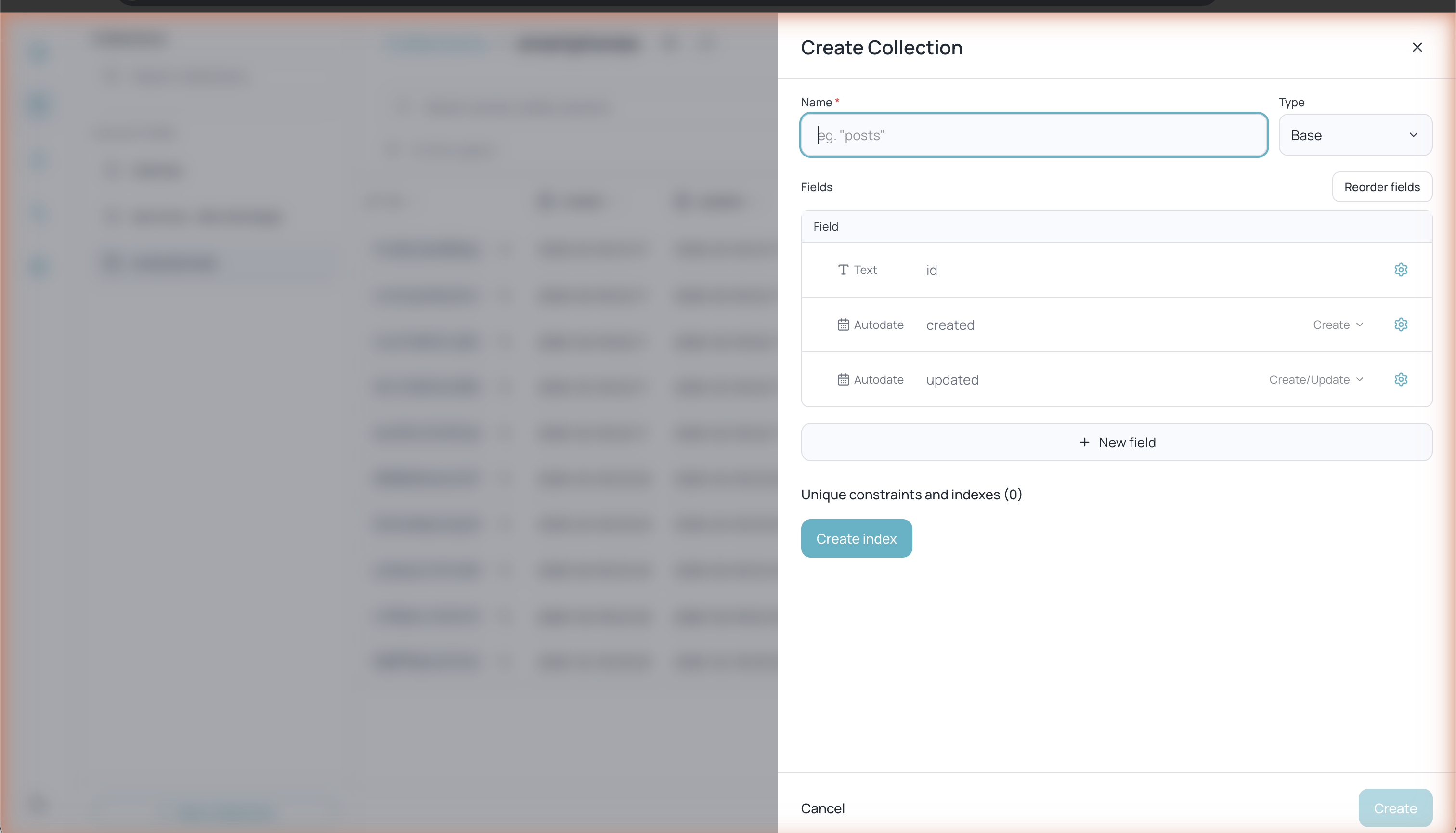 Create Collection dialog with name, Base type, id/created/updated fields, and option to create indexes