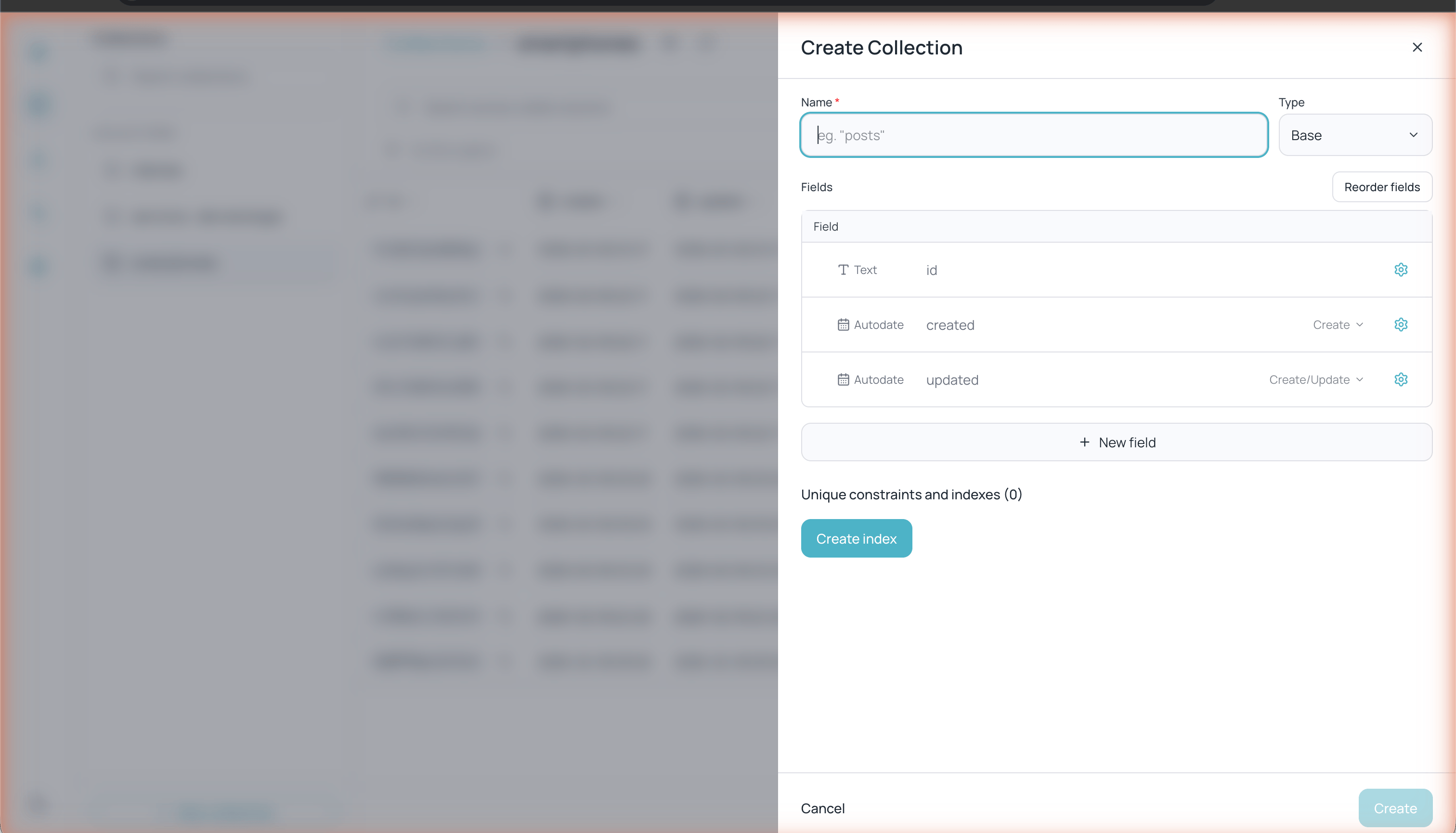 Create Collection dialog with name, Base type, id/created/updated fields, and option to create indexes