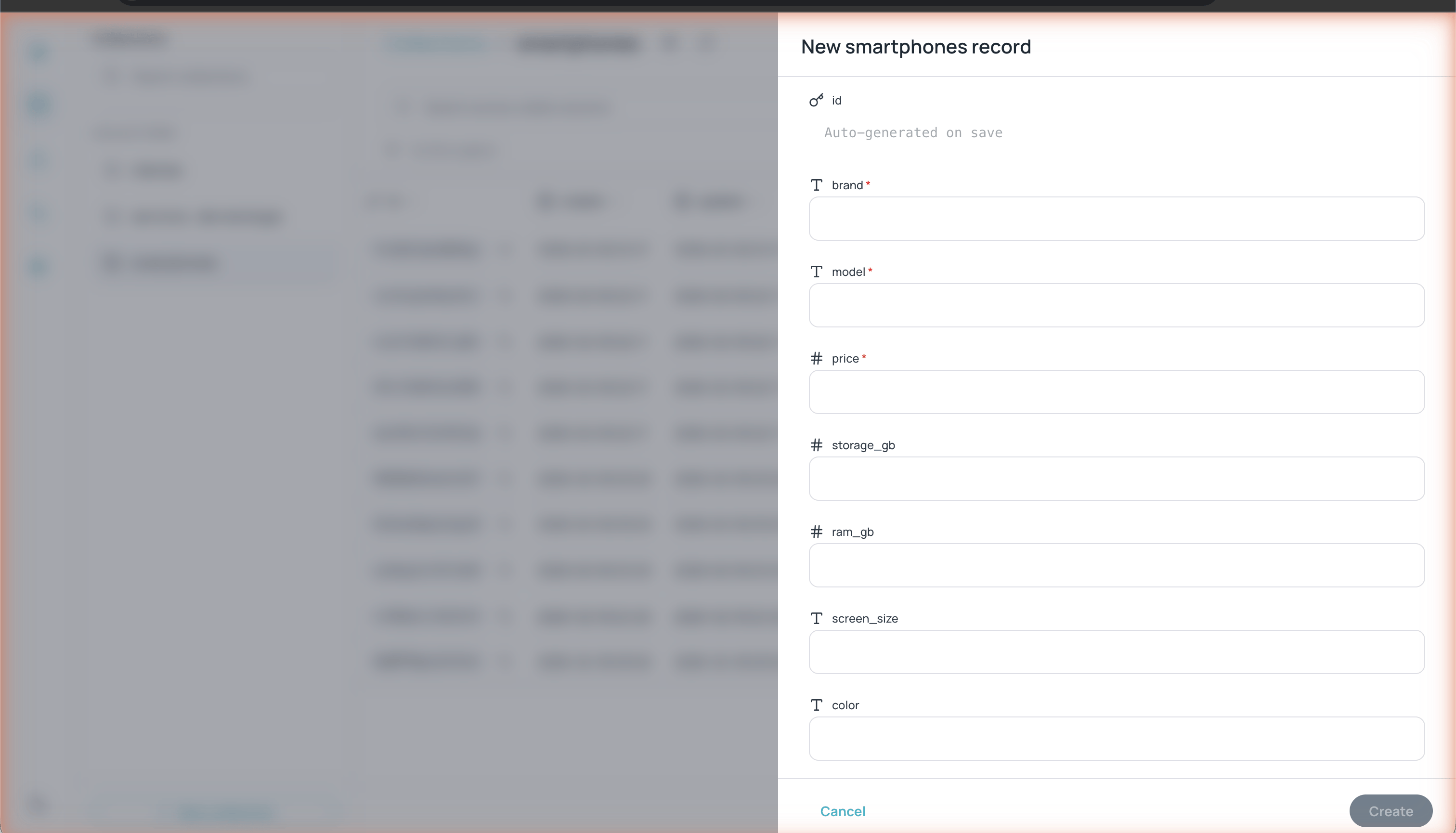 New record form with brand, model, price, and other fields, showing field types and required field indicators