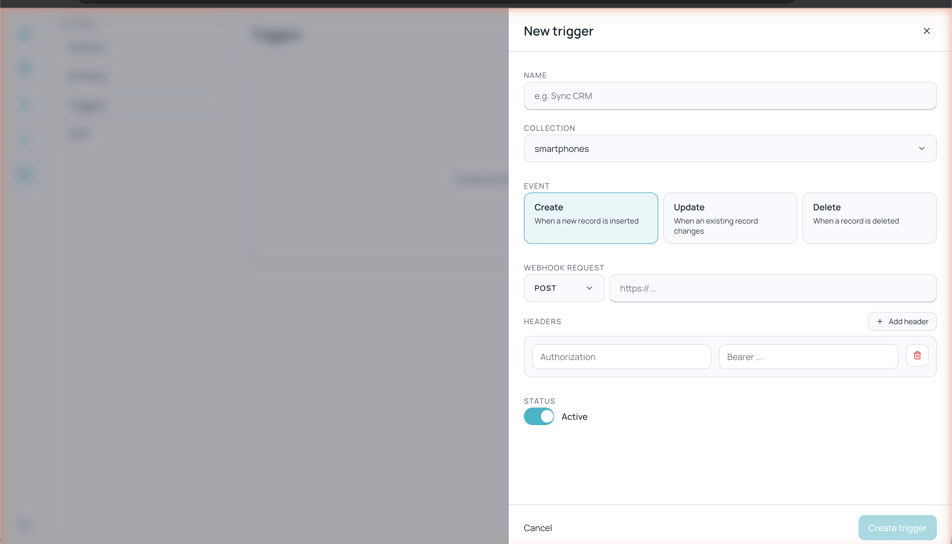 Formulário New trigger com campos Name, Collection, Event (Create, Update, Delete), Webhook Request, Headers e Status