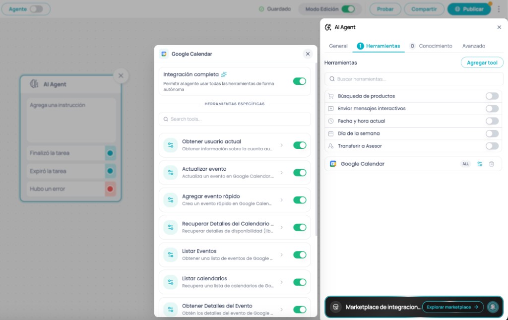 Panel lateral AI Agent en Brain Studio: pestaña Herramientas con Google Calendar agregado y configuración accesible