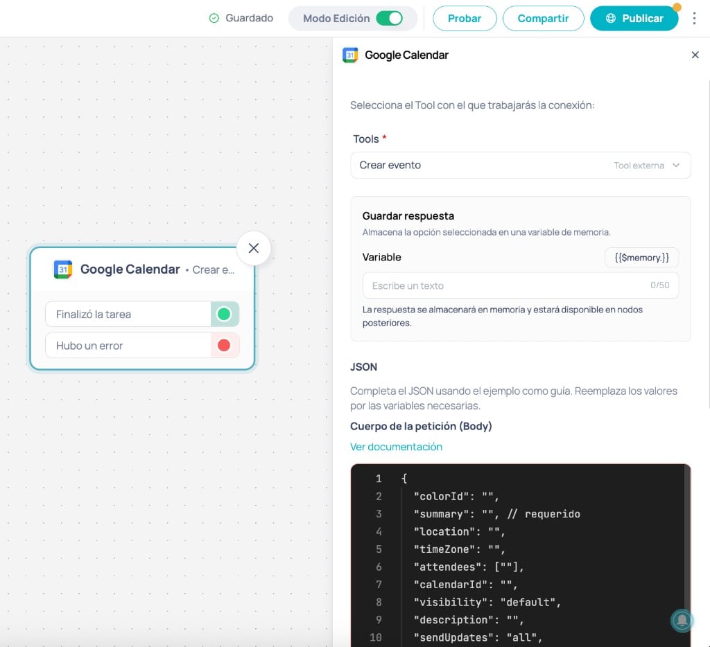 Brain Studio: nodo Google Calendar Crear evento en el Canvas y panel de configuración con tool seleccionada, guardar respuesta y cuerpo de la petición JSON