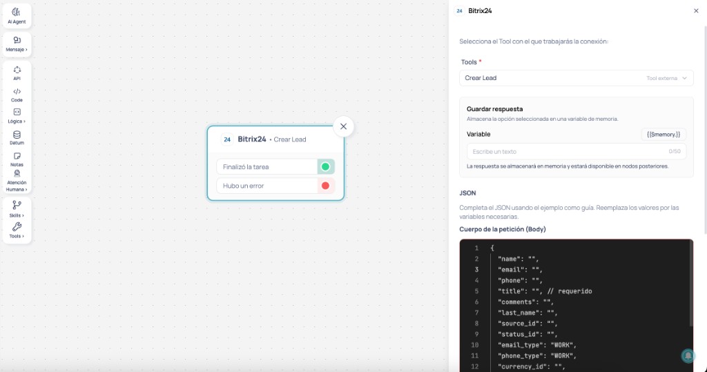 Brain Studio: nodo Bitrix24 en el Canvas y panel de configuración con tool seleccionada, guardar respuesta y cuerpo de la petición JSON