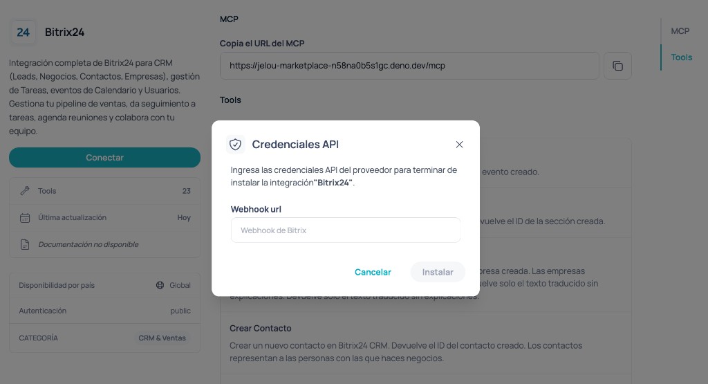 Modal de Credenciales API en Brain Studio solicitando la Webhook URL para instalar la integración Bitrix24