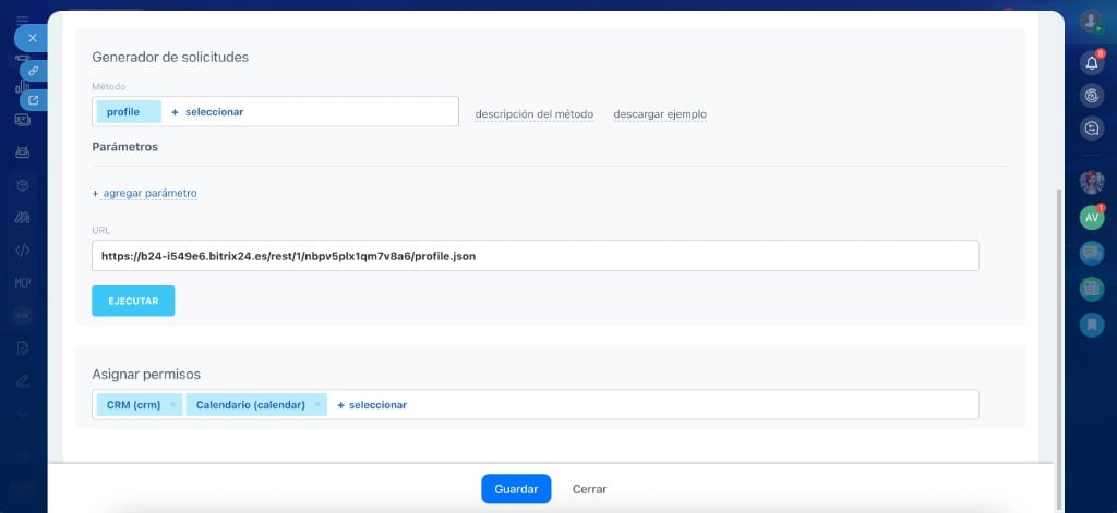 Pantalla de configuración de Webhook entrante en Bitrix24 con los permisos CRM y Calendario seleccionados