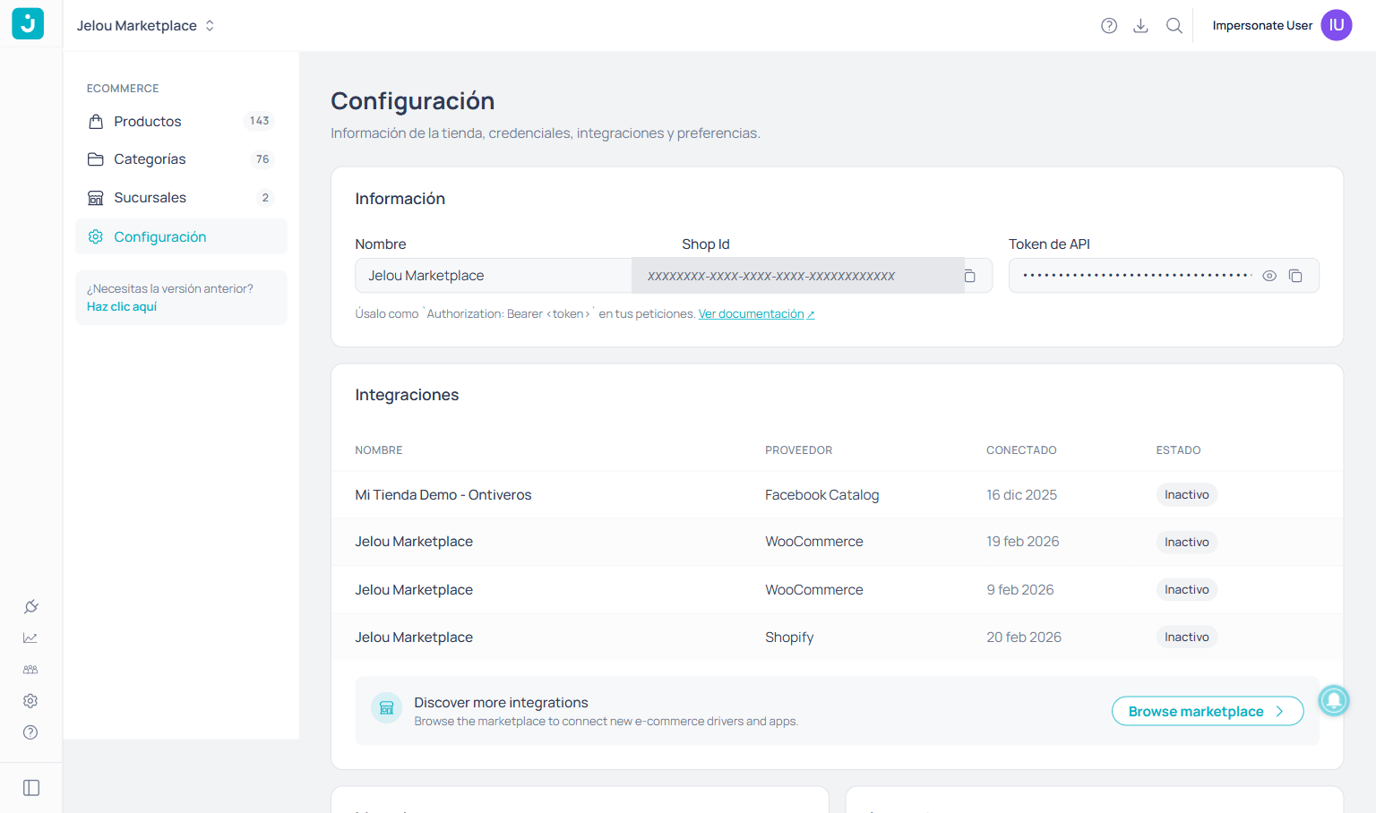 Settings screen with information, integrations, currency, and taxes