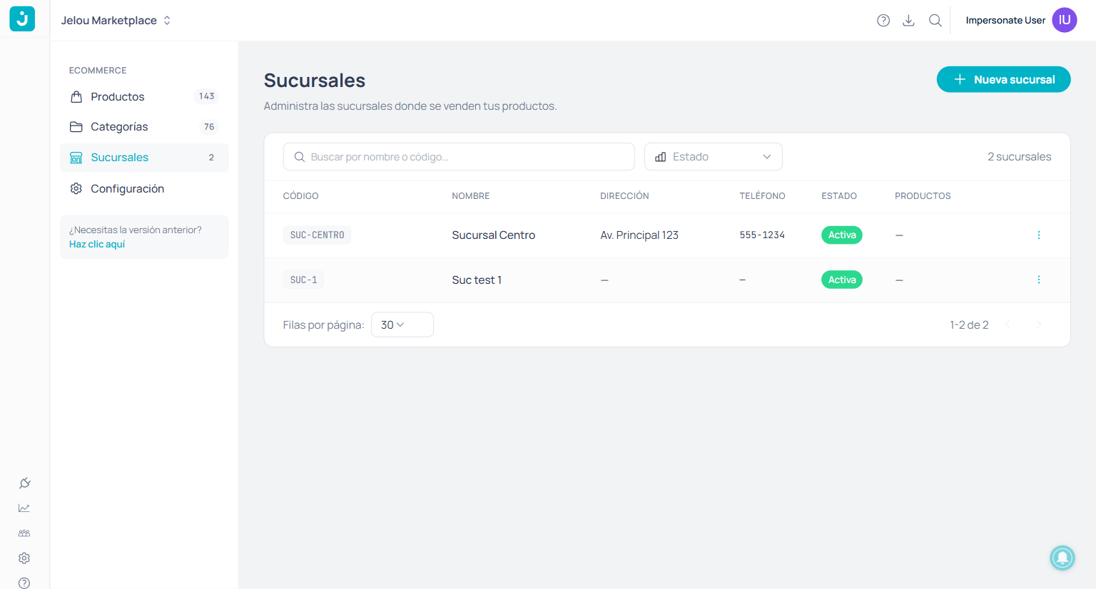 Branch list with code, name, address, and status
