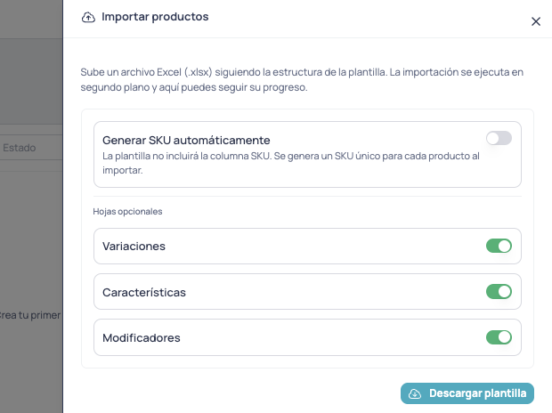 Hojas opcionales (Variaciones, Características, Modificadores) habilitadas