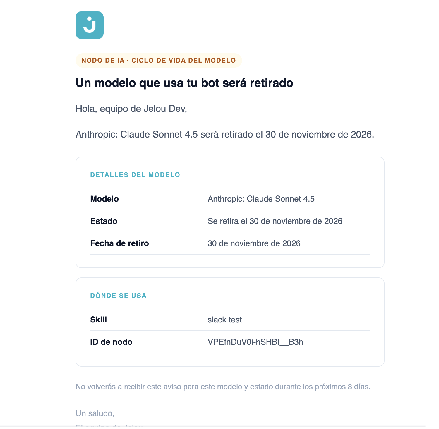 Email with the amber model lifecycle badge and the details of the affected model