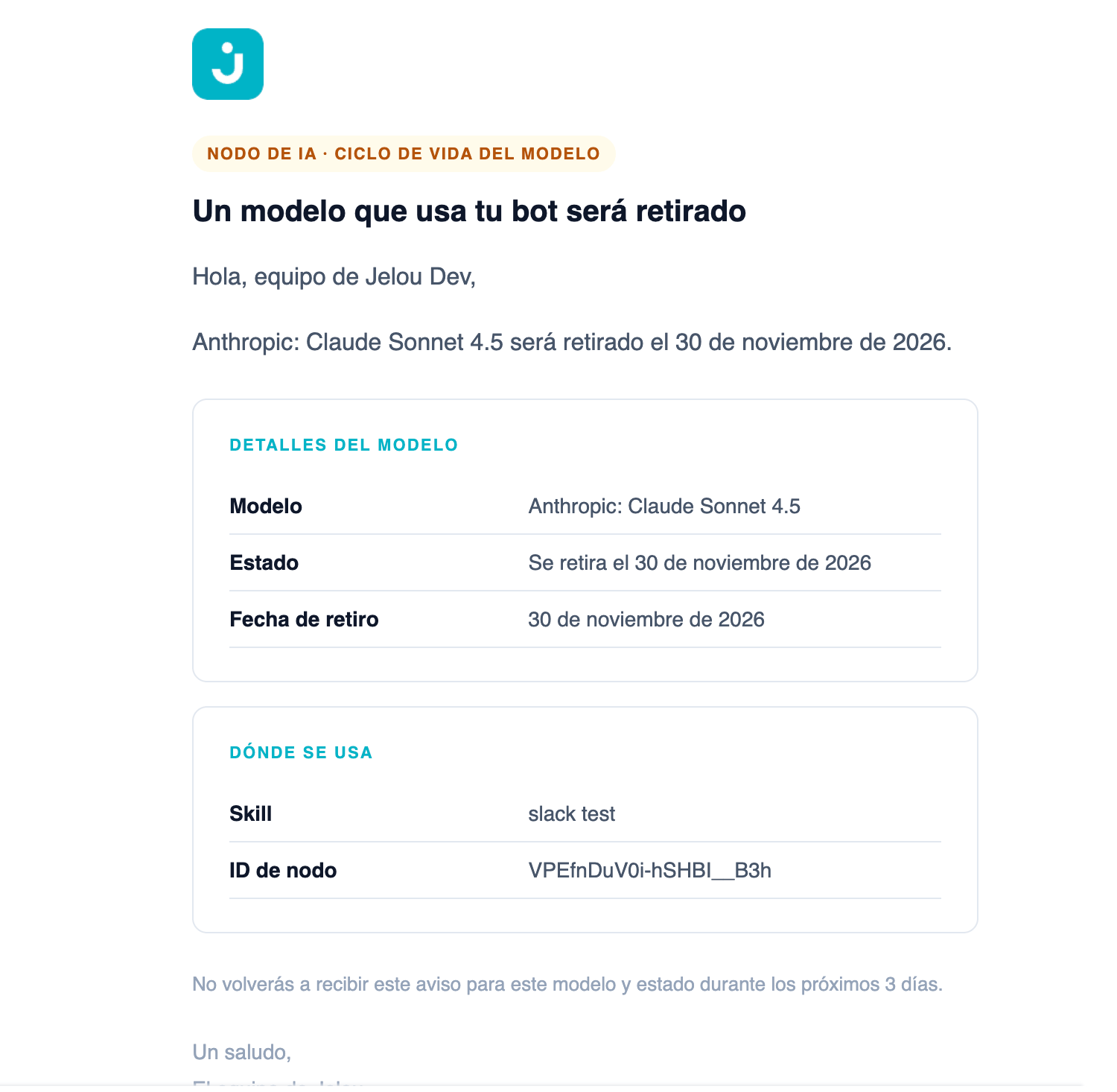 Email with the amber model lifecycle badge and the details of the affected model