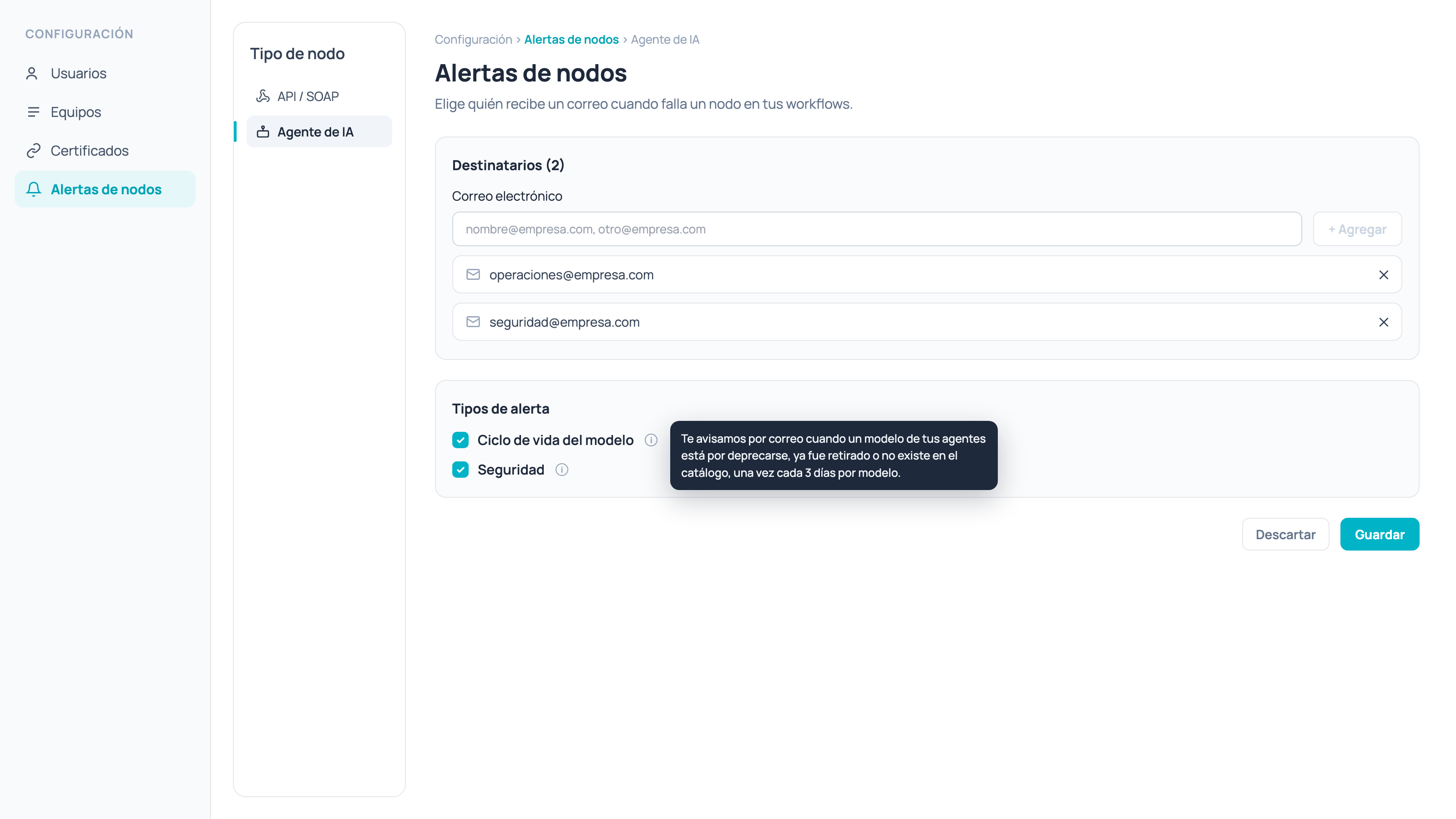 Node alerts screen with the AI Agent tab, the recipients list and the alert type checkboxes