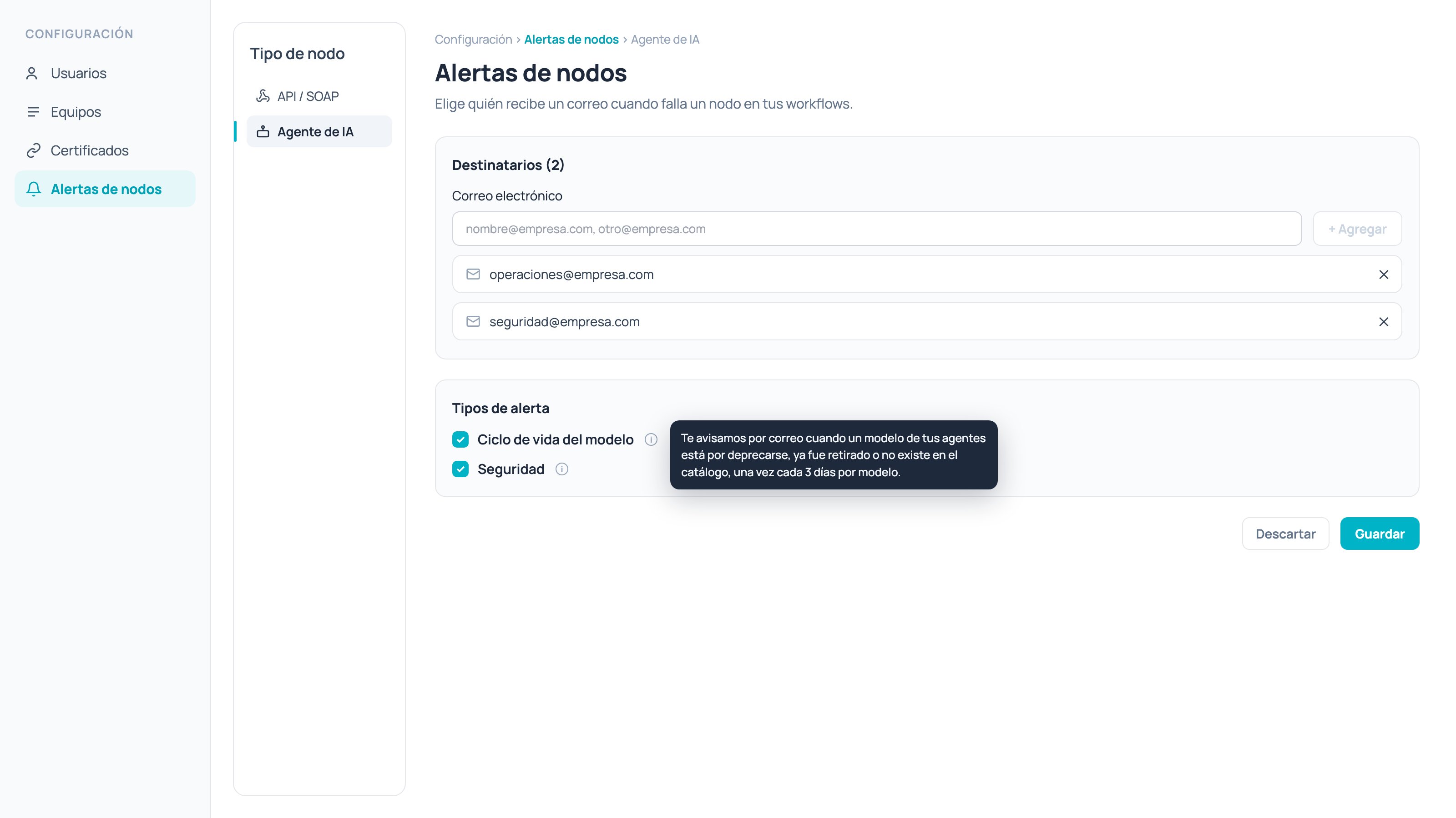 Node alerts screen with the AI Agent tab, the recipients list and the alert type checkboxes