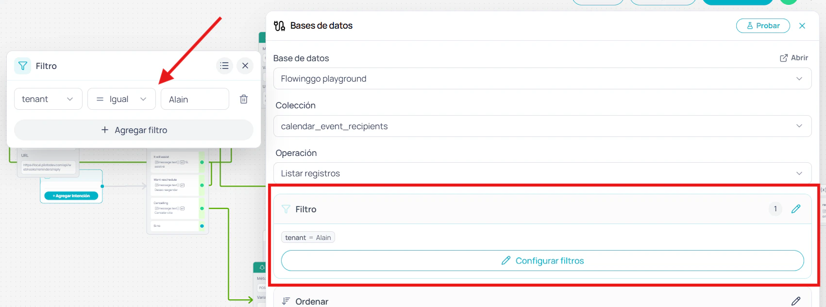 Constructor visual de filtros con operadores y reglas AND