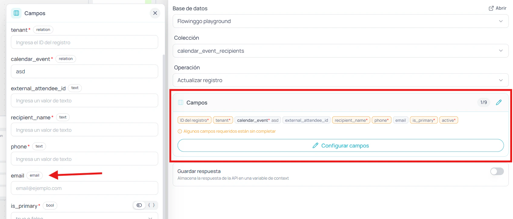 Fields editor showing controls based on the field type declared in the collection