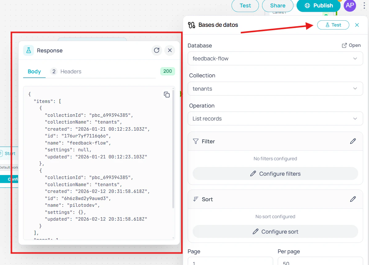 Test response popover with Body and Headers tabs