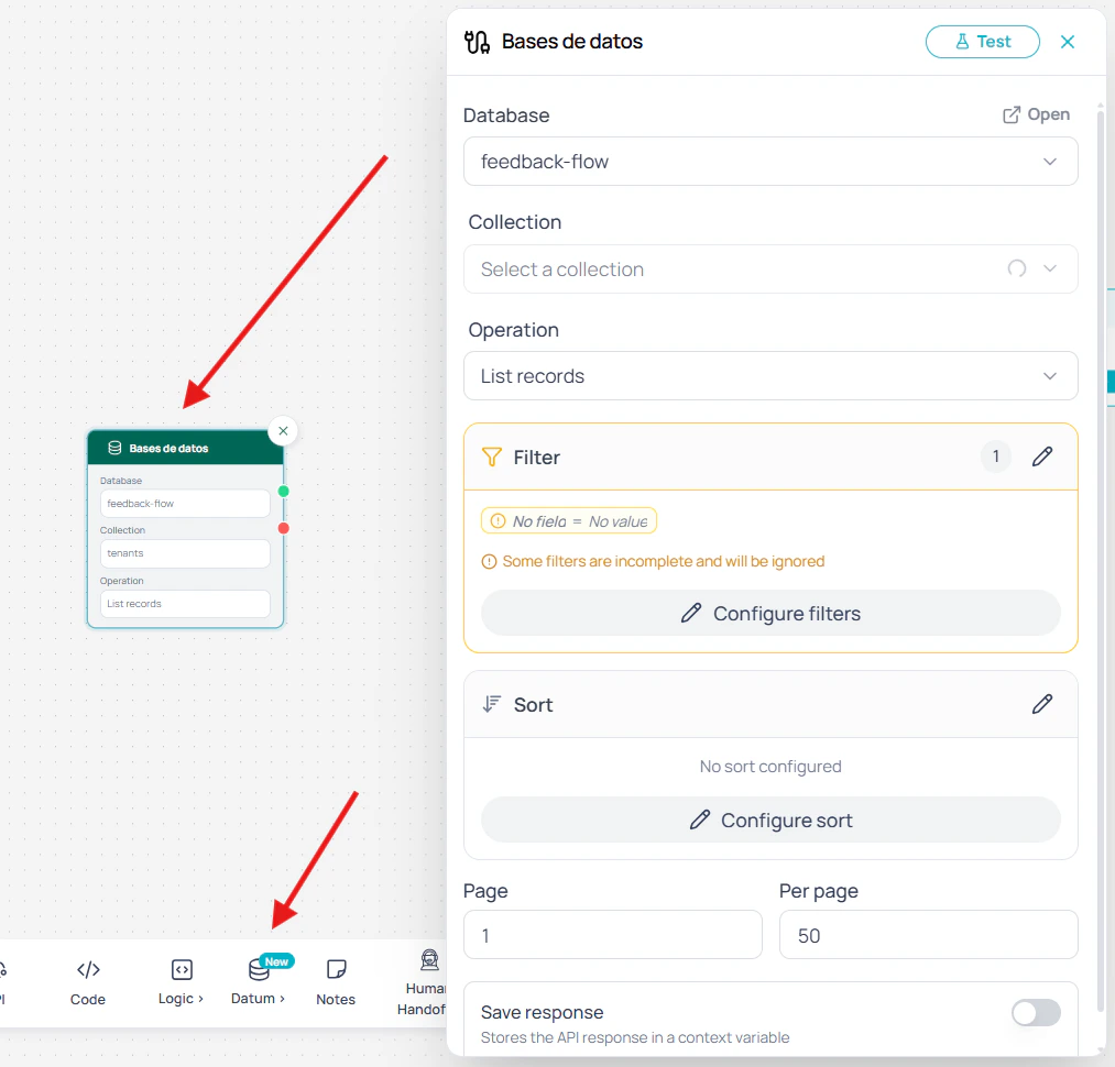 Database selector with an Open button in the top-right corner