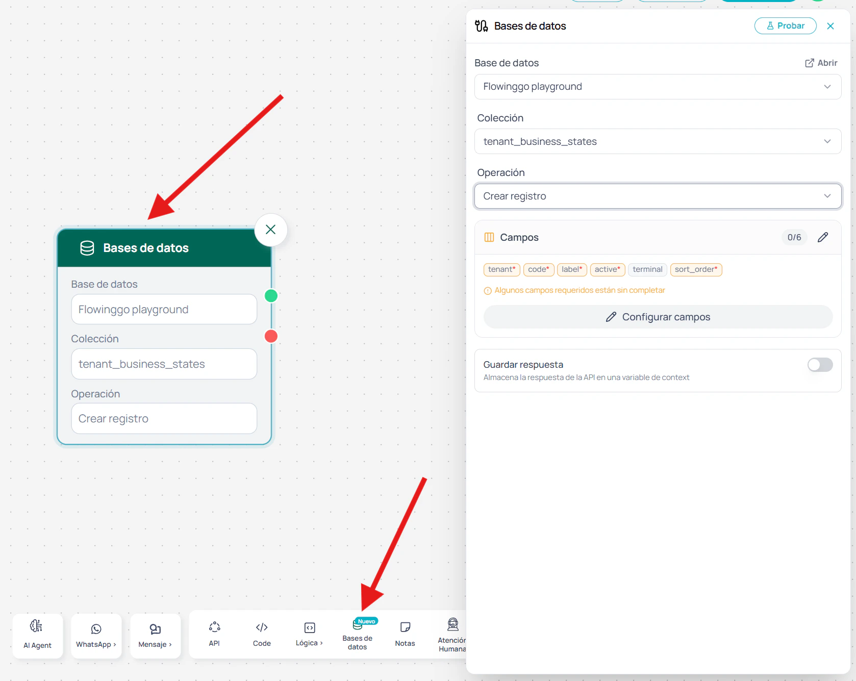 Selector de base de datos con botón Abrir en la esquina superior derecha