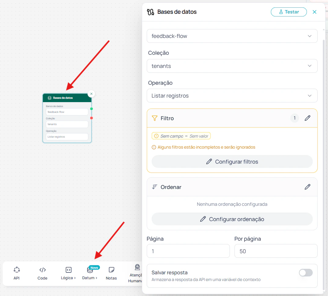 Seletor de banco de dados com botão Abrir no canto superior direito