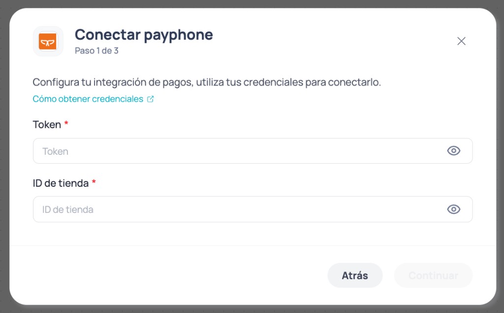 Modal Conectar Payphone passo 1 de 3 com campos Token e ID da loja