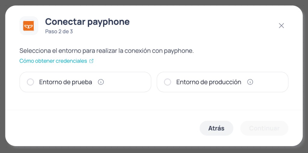 Modal Conectar Payphone passo 2 de 3 com opções Ambiente de teste e Ambiente de produção