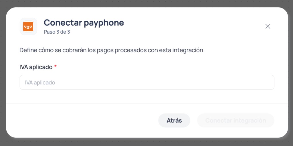 Modal Conectar Payphone passo 3 de 3 com campo IVA aplicado