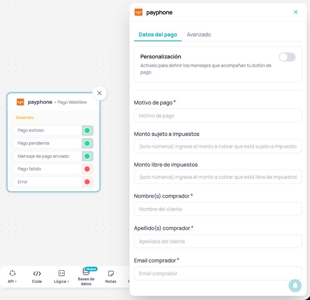 Payphone node in Canvas with Payment data tab open in the side panel