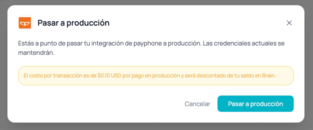Modal Passar para produção do Payphone indicando que as credenciais atuais serão mantidas