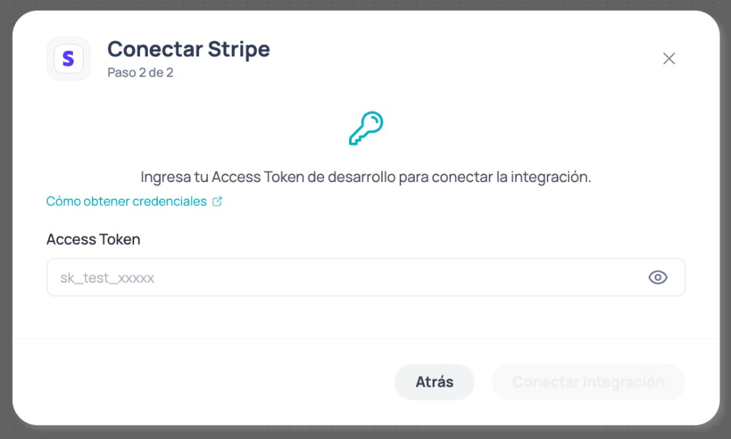 Modal Conectar Stripe passo 2 de 2 com campo Access Token para conectar a integração