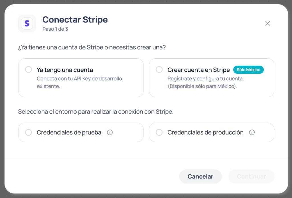 Modal Conectar Stripe passo 1 com opções Já tenho uma conta ou Criar conta no Stripe Somente México e seleção de credenciais de teste ou produção