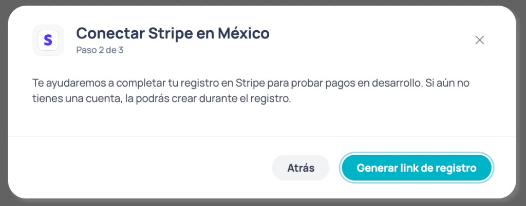 Modal Conectar Stripe no México passo 2 de 3 para gerar link de registro em desenvolvimento