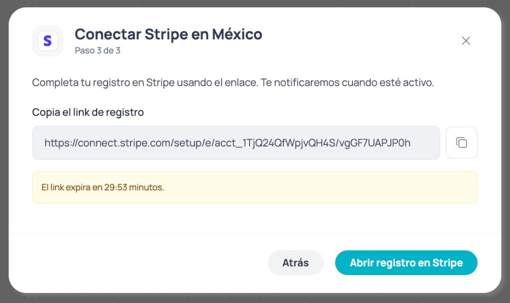 Modal Conectar Stripe no México passo 3 de 3 com link de registro copiável e botão Abrir registro no Stripe