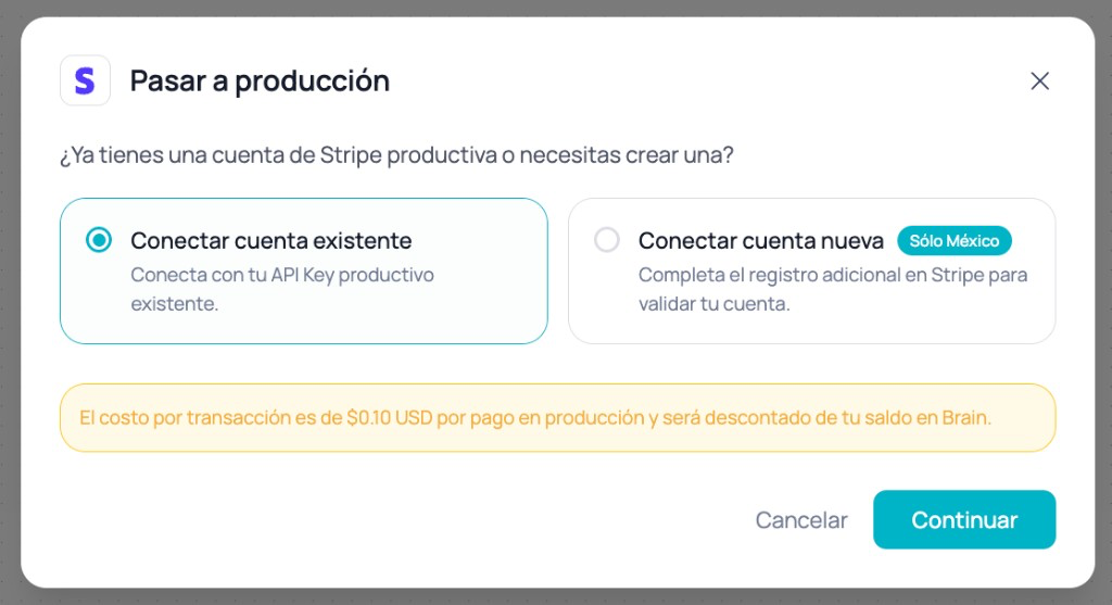 Modal Passar para produção do Stripe com opções Conectar conta existente e Conectar conta nova Somente México