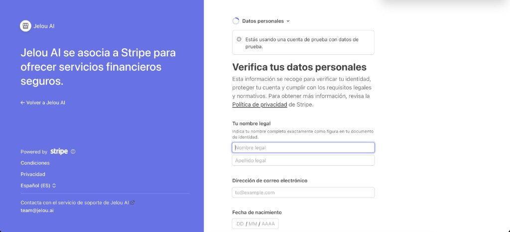 Tela de registro no Stripe com branding da Jelou AI para verificar dados pessoais