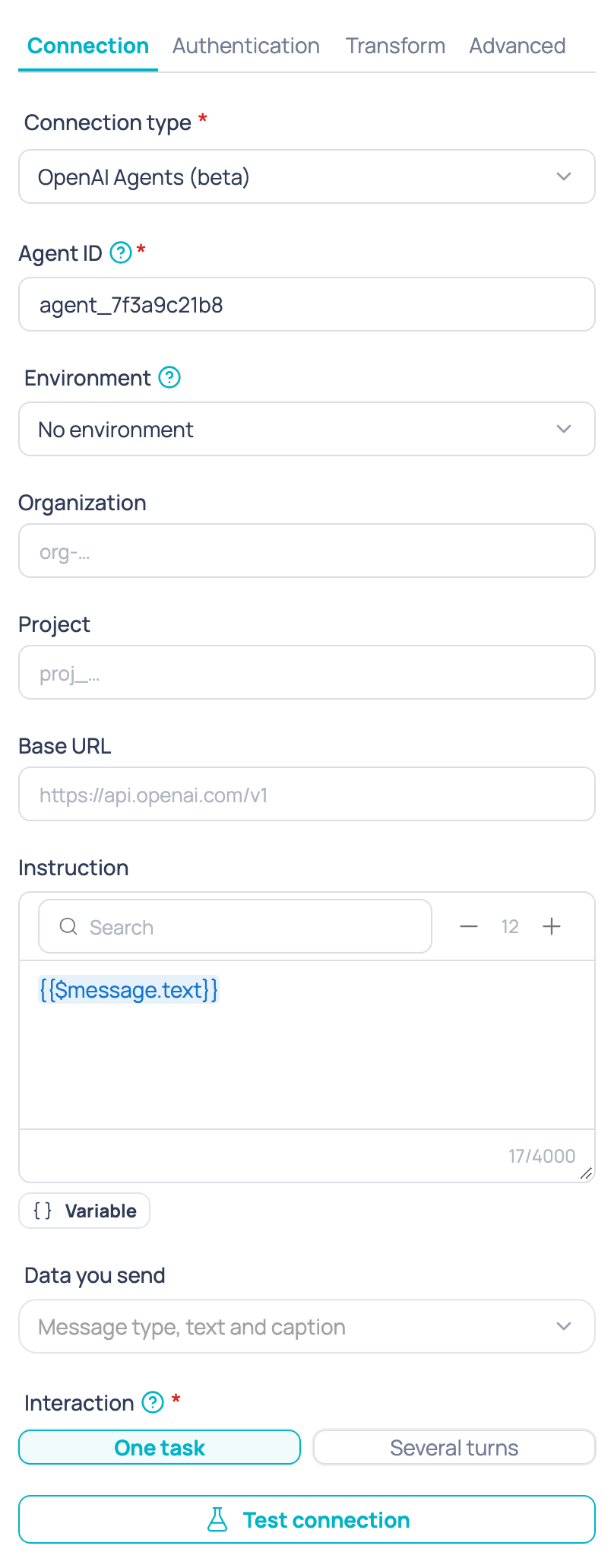 Connection tab of the External AI agent node with the OpenAI Agents (beta) type, the agent ID, the environment, the organization, the project and the base URL