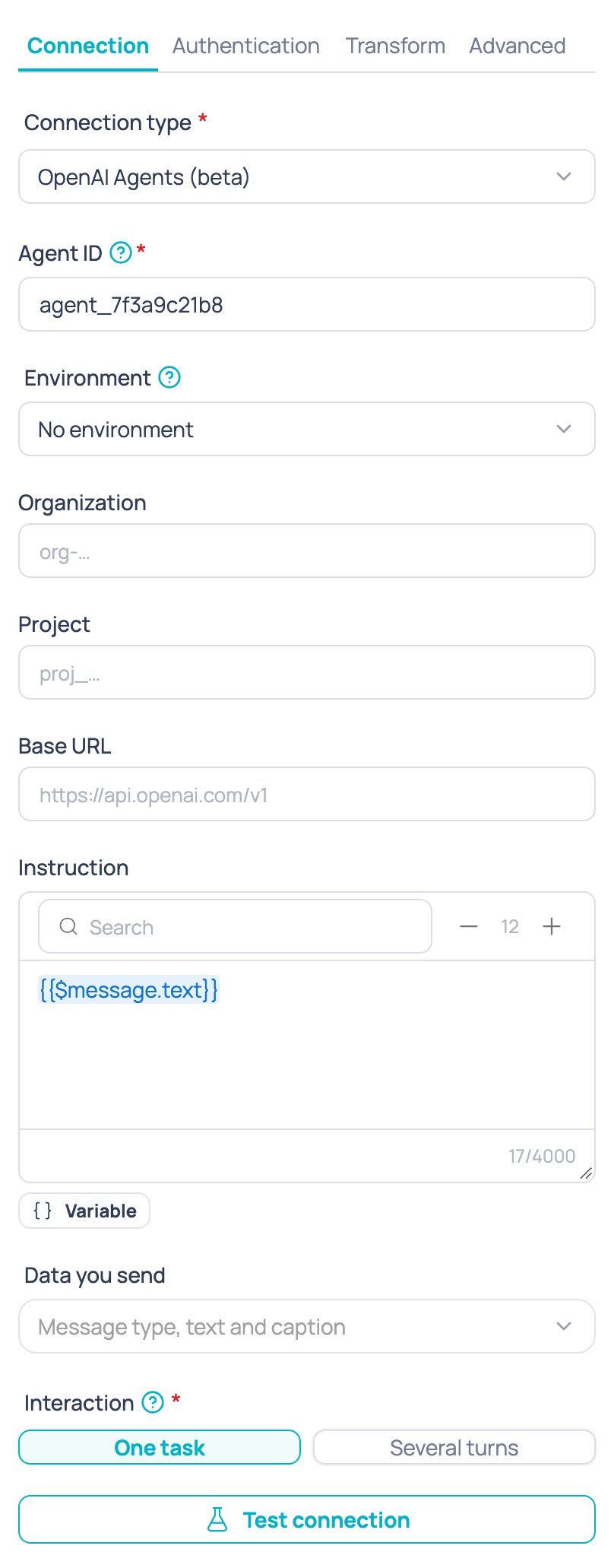 Connection tab of the External AI agent node with the OpenAI Agents (beta) type, the agent ID, the environment, the organization, the project and the base URL