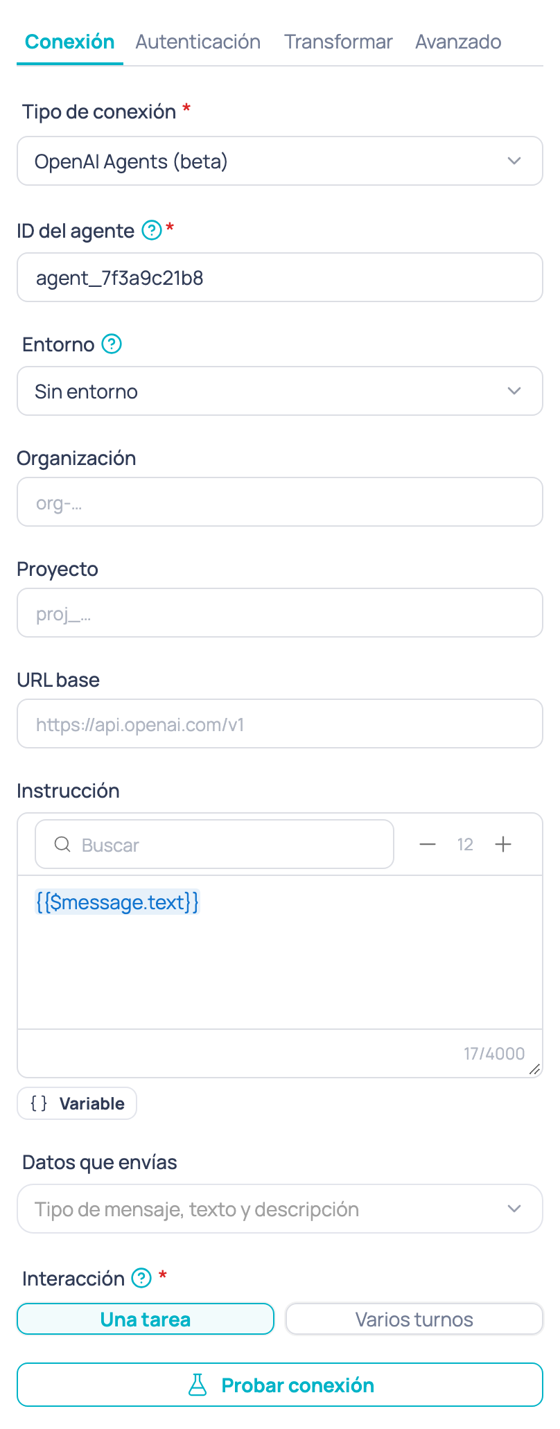 Pestaña Conexión del nodo Agente de IA externo con el tipo OpenAI Agents (beta), el ID del agente, el entorno, la organización, el proyecto y la URL base