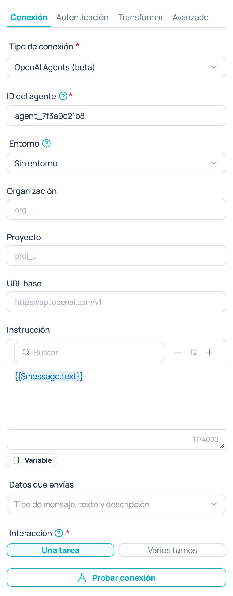 Pestaña Conexión del nodo Agente de IA externo con el tipo OpenAI Agents (beta), el ID del agente, el entorno, la organización, el proyecto y la URL base