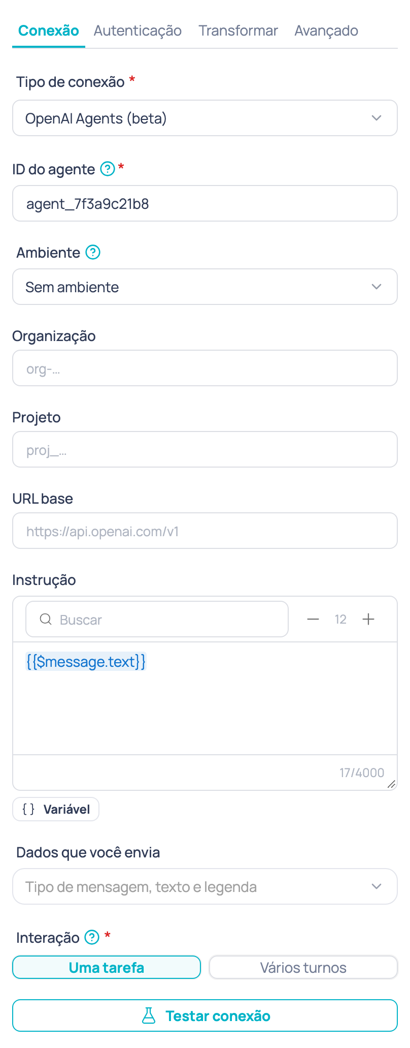 Aba Conexão do nó Agente de IA externo com o tipo OpenAI Agents (beta), o ID do agente, o ambiente, a organização, o projeto e a URL base