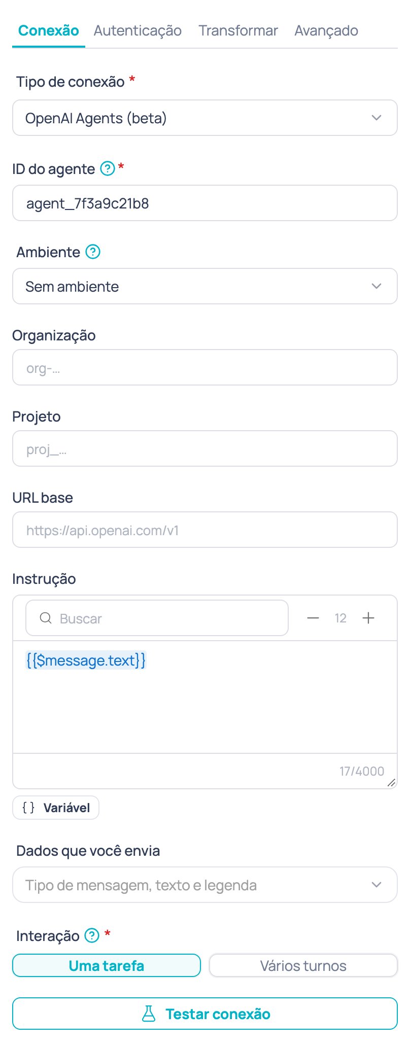 Aba Conexão do nó Agente de IA externo com o tipo OpenAI Agents (beta), o ID do agente, o ambiente, a organização, o projeto e a URL base
